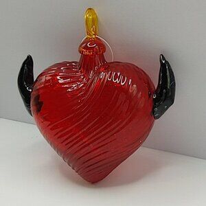 Red Blown Glass Heart with Black Horns Ornament